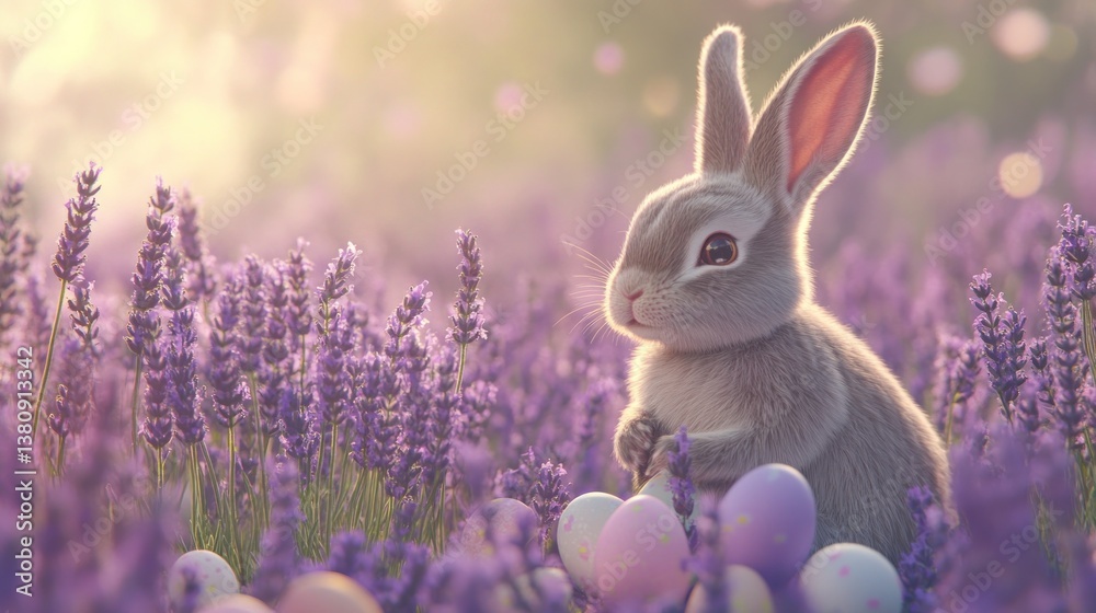 Cute Rabbit Sitting in Lavender Field with Decorated Eggs