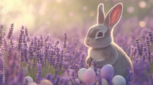 Obraz na płótnie Cute Rabbit Sitting in Lavender Field with Decorated Eggs w salonie