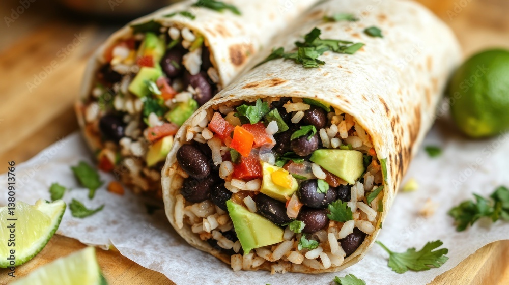 Delicious vegan burrito with black beans, avocado, cilantro and vibrant ingredients