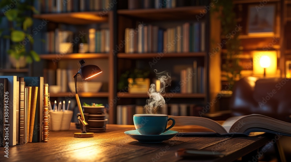 Inviting home library setup with coffee, reading material and soft ambiance