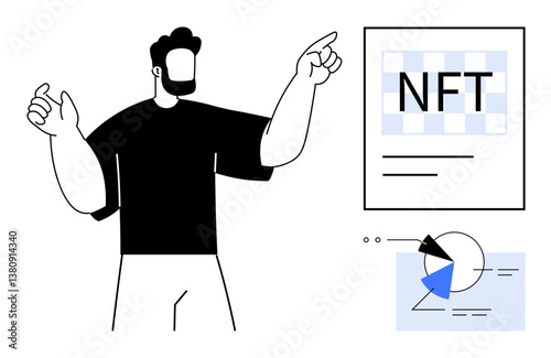 Person gesturing toward a framed NFT design, accompanied by a pie chart and data analysis elements. Ideal for blockchain, digital art, investment, finance, innovation, education marketing. Flat