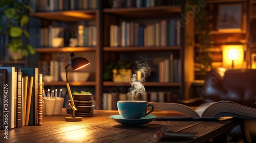 Obraz na płótnie Inviting home library setup with coffee, reading material and soft ambiance w salonie