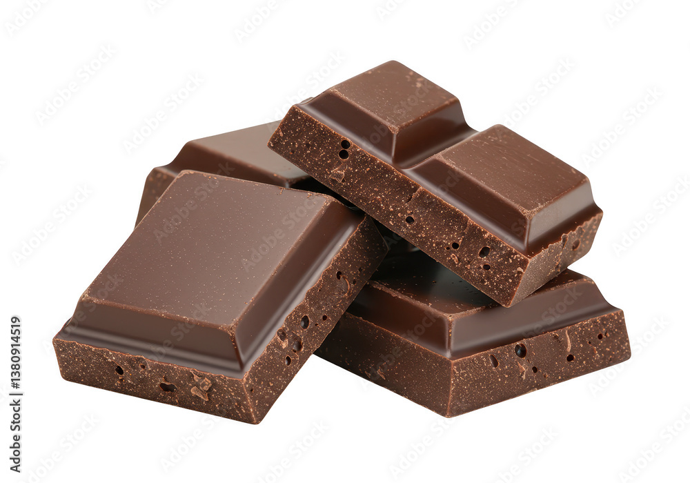 A collection of thick pieces of dark chocolate stacked isolated on transparent background