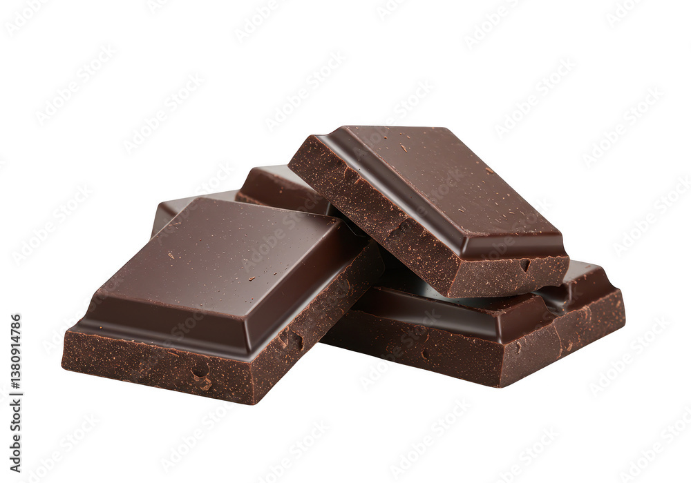 A collection of thick pieces of dark chocolate stacked isolated on transparent background A collection of thick pieces of dark chocolate stacked isolated on transparent background