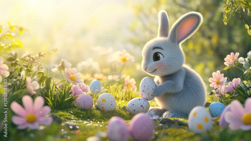 Cute Bunny Holding Easter Egg in a Spring Flower Meadow