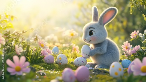 Obraz na płótnie Cute Bunny Holding Easter Egg in a Spring Flower Meadow w salonie