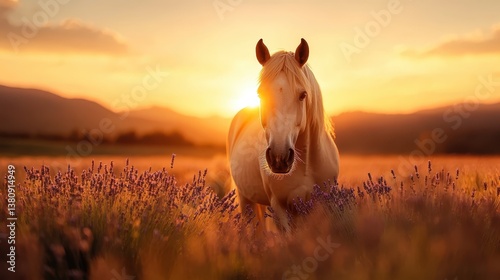 A serene image of a horse surrounded by lavender flowers under a glowing sunset, illustrating the peaceful coexistence of nature and wildlife in harmony.