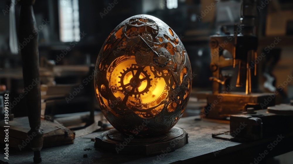 Glowing Clockwork Egg with Gears and Cogs on Dark Tabletop