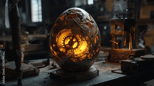 Obraz na płótnie Glowing Clockwork Egg with Gears and Cogs on Dark Tabletop w salonie