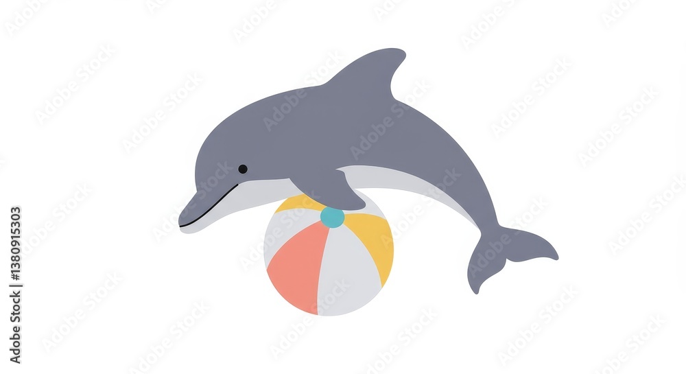 Fototapeta premium Playful dolphin and ball cartoon on white background