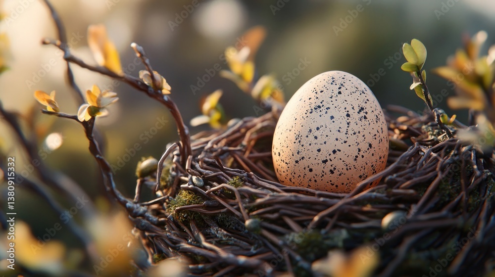 Single Speckled Egg Nestled in a Natural Bird Nest Close Up