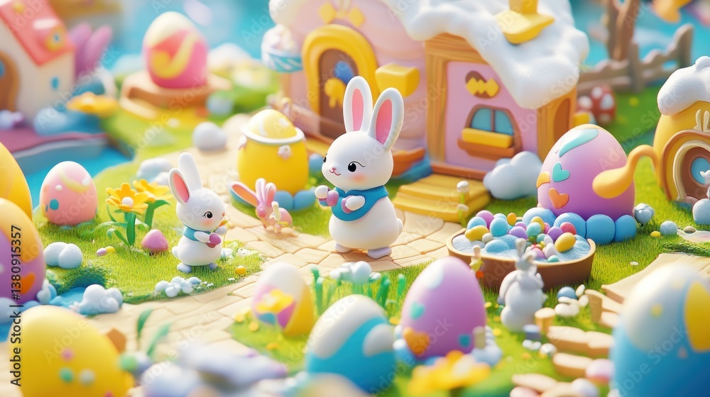 Delightful 3D Easter Village Scene with Adorable Bunnies and Decorated Eggs