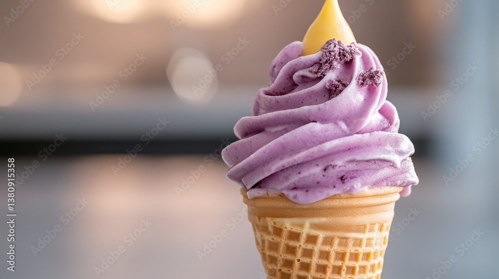 A charming rich purple ice cream cone topped with a drizzle, inviting viewers to indulge in its creamy goodness while reflecting on fond summertime memories and happiness.