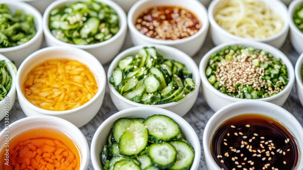 Assorted Japanese seaweed salad variations with sesame seeds in small bowls