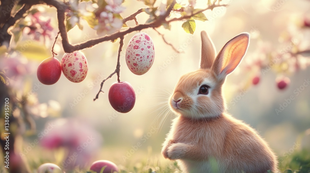 Rabbit Sitting Near a Tree with Hanging Decorated Easter Eggs