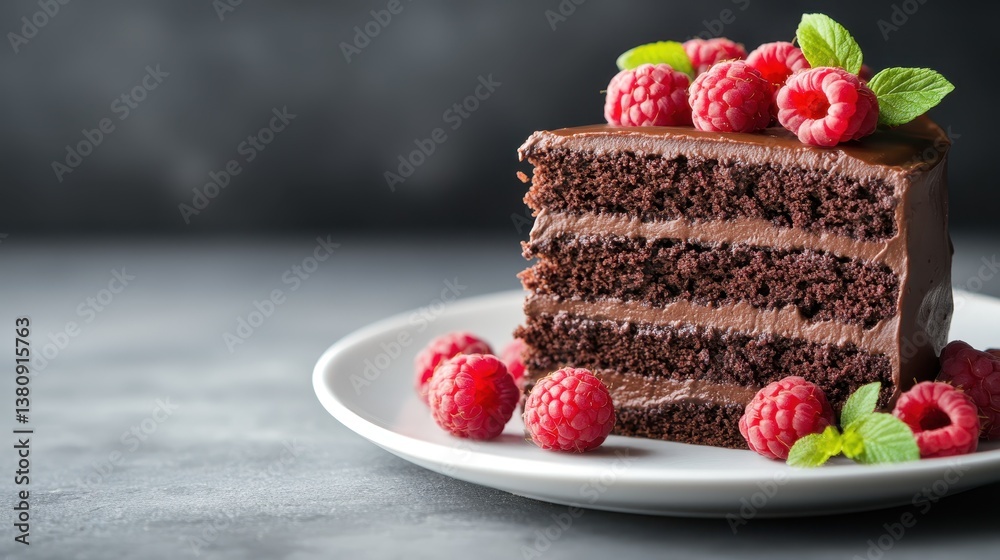 An indulgent chocolate cake slice topped with fresh raspberries and mint leaves, displayed on a white plate, radiating a sense of luxury and temptation against a dark backdrop.