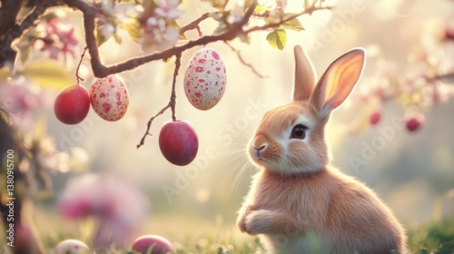 Obraz na płótnie Rabbit Sitting Near a Tree with Hanging Decorated Easter Eggs w salonie