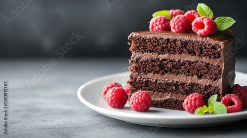 Obraz na płótnie An indulgent chocolate cake slice topped with fresh raspberries and mint leaves, displayed on a white plate, radiating a sense of luxury and temptation against a dark backdrop. w salonie