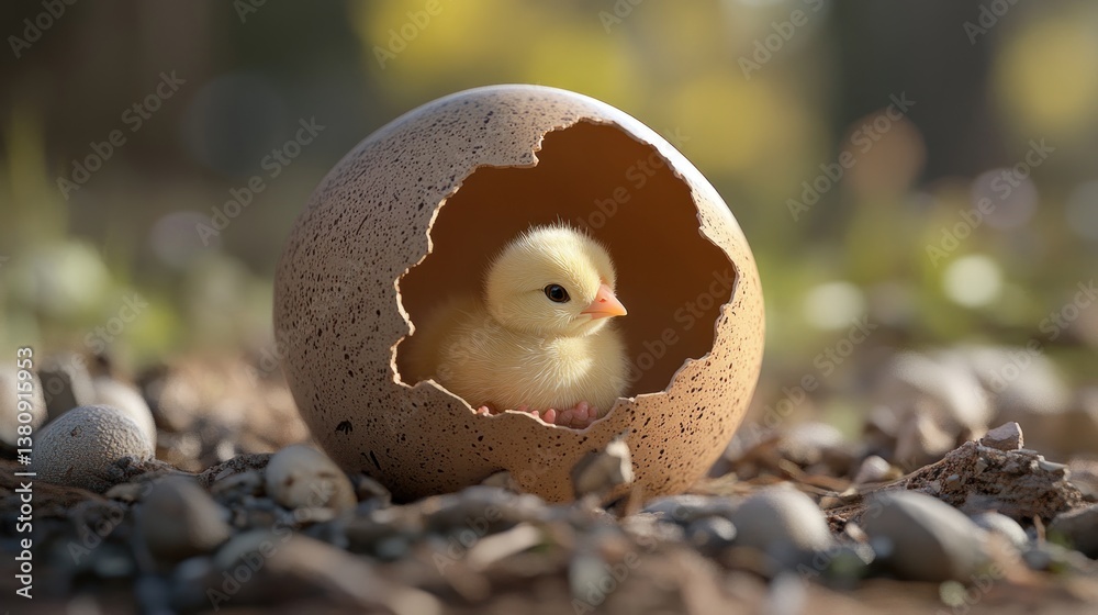 Cute Little Chick Sitting Inside a Broken Egg Shell Outdoors