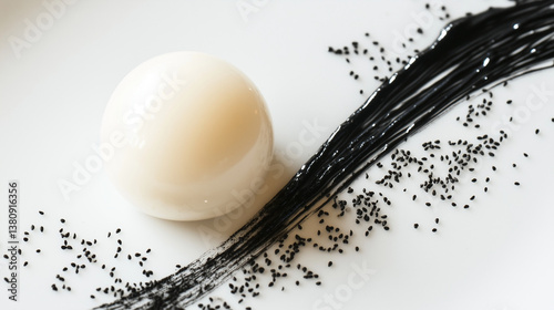 Yuzu Pearl Symphony  A single sphere of yuzu-infused gel, resting beside a fine brushstroke of black sesame paste, negative space composition