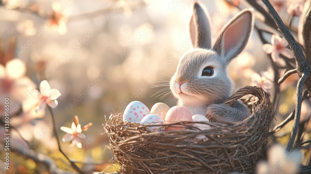 Rabbit in Nest with Decorated Eggs Among Blossoming Spring Branches