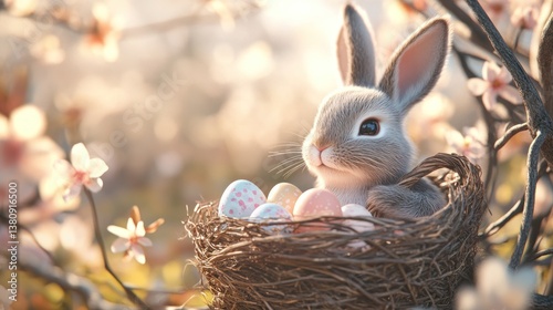 Rabbit in Nest with Decorated Eggs Among Blossoming Spring Branches