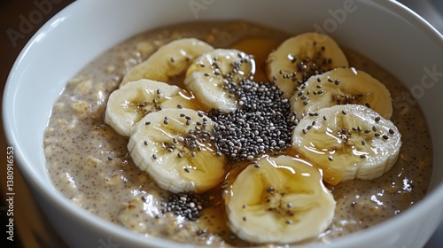 Obraz na płótnie A close-up of a creamy bowl of overnight oats topped with sliced bananas and chia seeds w salonie