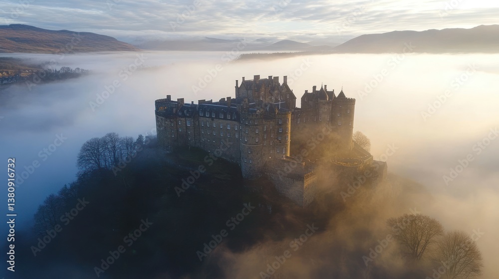Majestic castle emerging from the early morning mist in the Scottish Highlands