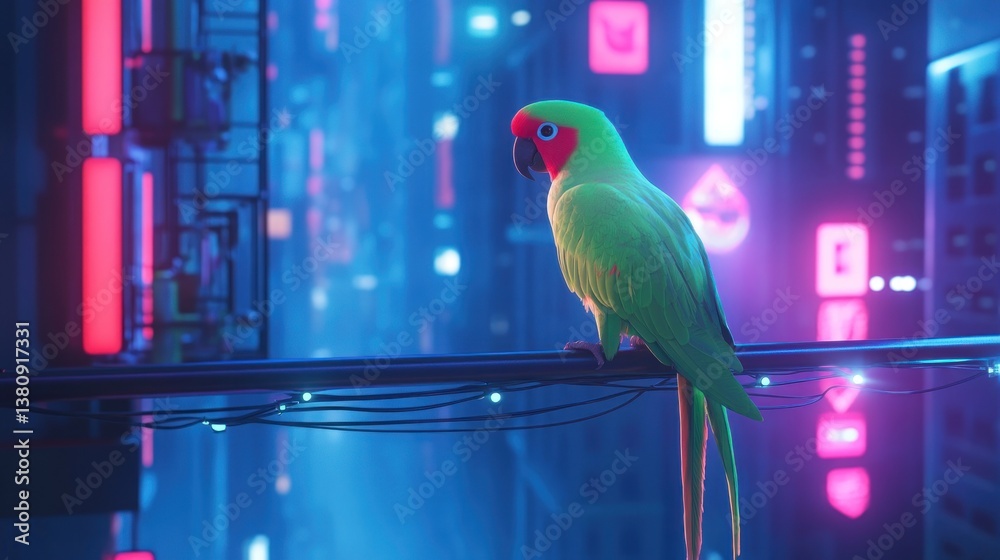 Electric parrot perched amidst the vibrant cityscape of neon-lit skyscrapers