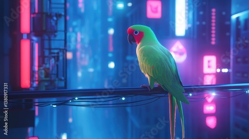 Obraz na płótnie Electric parrot perched amidst the vibrant cityscape of neon-lit skyscrapers w salonie