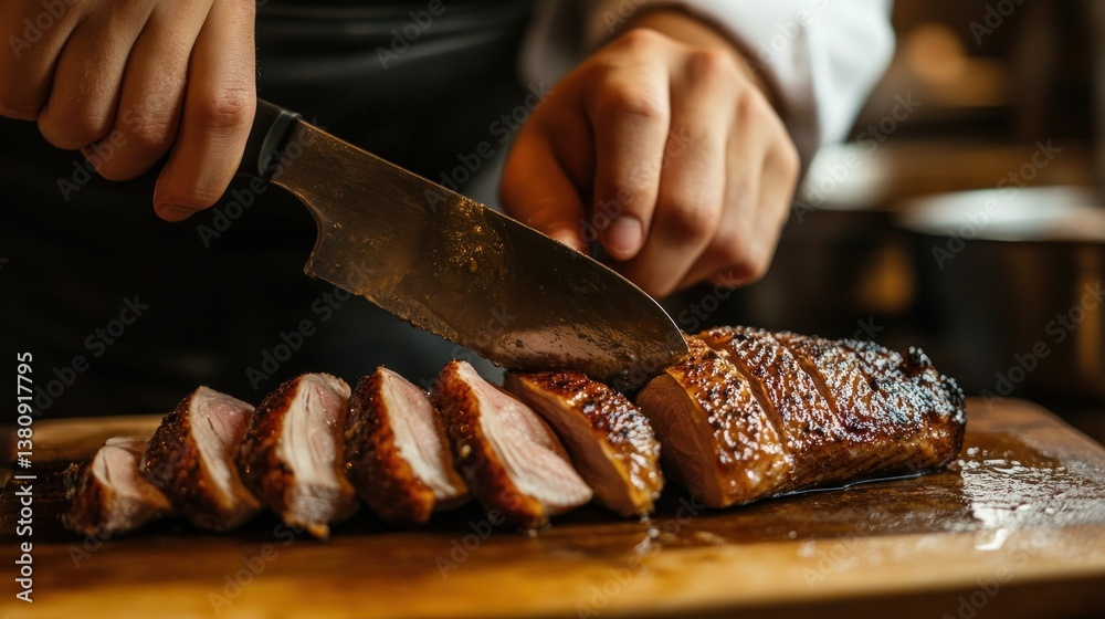 Precision cuts: Expert chef expertly slicing succulent roasted duck breast perfection