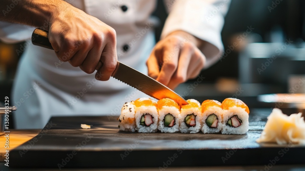 Expert Chef Precisely Slicing Freshly Prepared Sushi Rolls with Culinary Precision