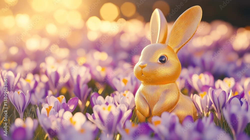 Enchanting Easter: Golden bunny amidst blooming violet spring crocuses basking in sunlight