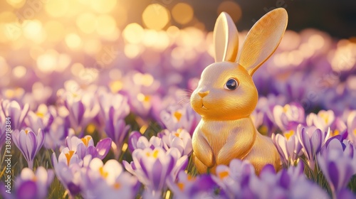 Obraz na płótnie Enchanting Easter: Golden bunny amidst blooming violet spring crocuses basking in sunlight w salonie