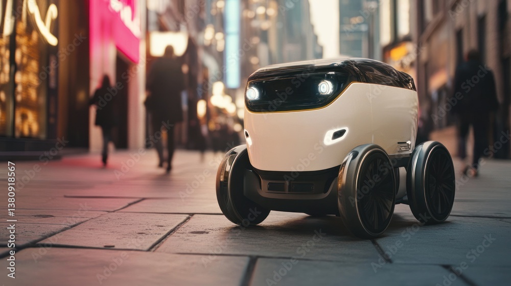 Autonomous delivery robot navigating urban sidewalk with pedestrian traffic