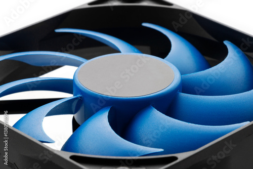 Vector computer fan 12 volt. Computer cooler with blue blades. macro on white background
