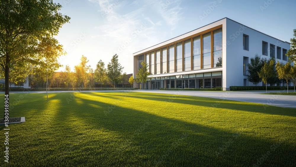 Fototapeta premium Modern building in a park-like setting at sunset