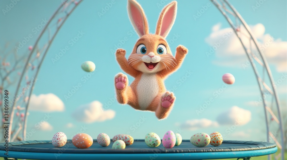 Jumping Bunny with Easter Eggs on Trampoline Under Blue Sky