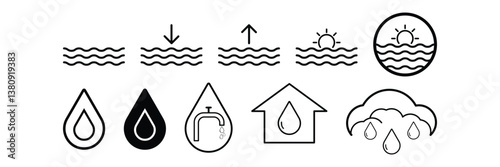 Water drops icon set. Outlined flat black water wave, sunset, water tap, cloud, rain sign collection. Water day special symbol set vector illustration.