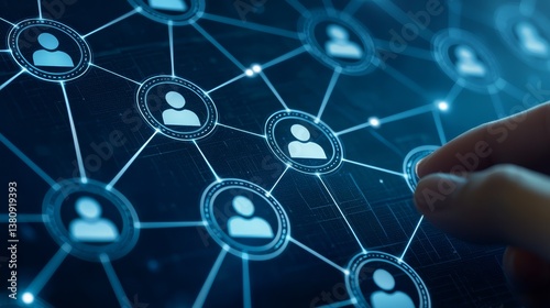 Hand touching network of digital connections symbolizing global social media interaction on dark background