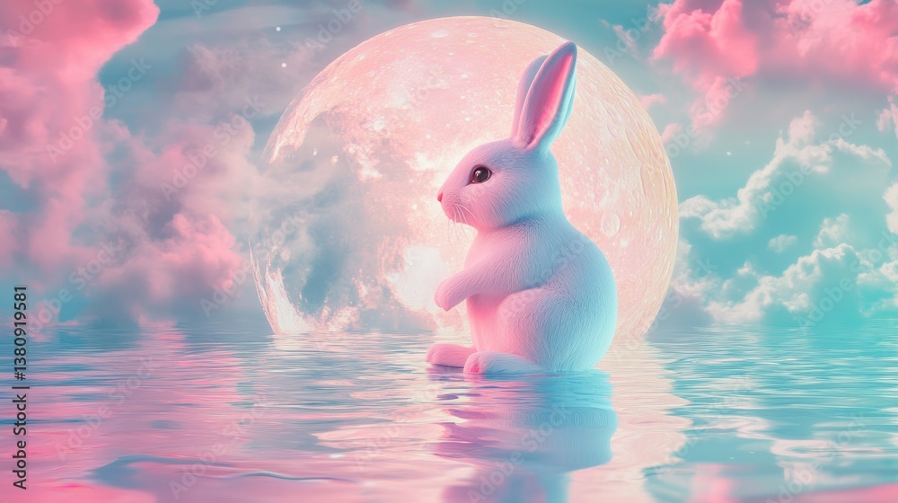 Rabbit Sitting in Water with Moon and Clouds Fantasy Scene