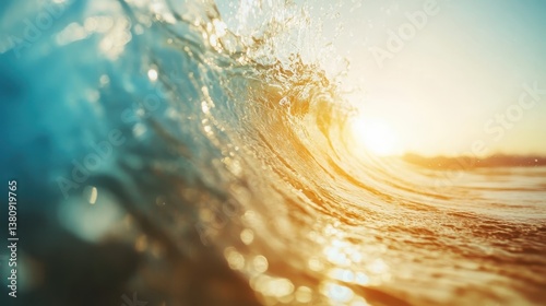 A captivating view of ocean waves crashing at sunset, radiating golden highlights that create a mesmerizing blend of colors reflecting on the water's surface.