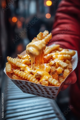 Wallpaper Mural Street food photo close up of person holding paper tray filled with golden crinkled French fries Torontodigital.ca
