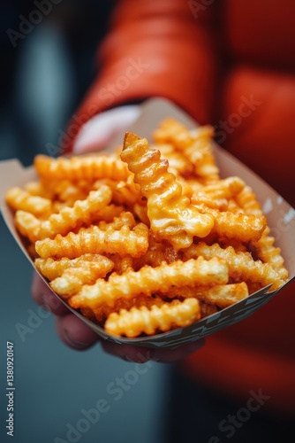 Wallpaper Mural Street food photo close up of person holding paper tray filled with golden crinkled French fries Torontodigital.ca