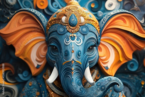 An ornate blue and orange elephant head facing forward