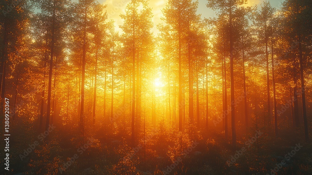 Fototapeta premium Golden Hour in the Pine Forest: A Serene Sunset Landscape