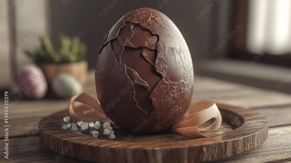 Exquisite 3D Chocolate Easter Egg with Delicate Ribbon on Rustic Wood Tray