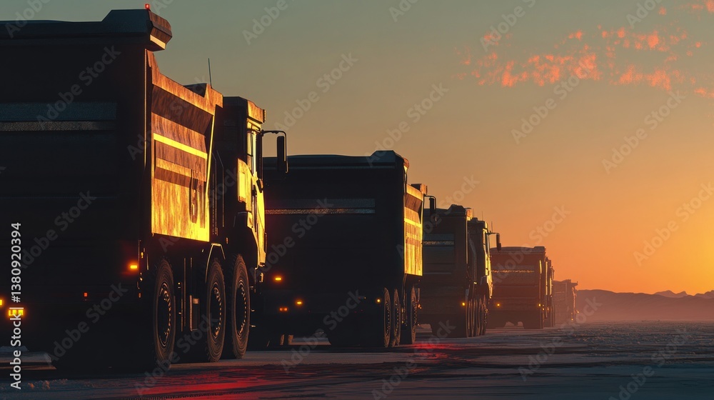 Fleet of Heavy Mining Dump Trucks Parked at Sunset: Resource Extraction