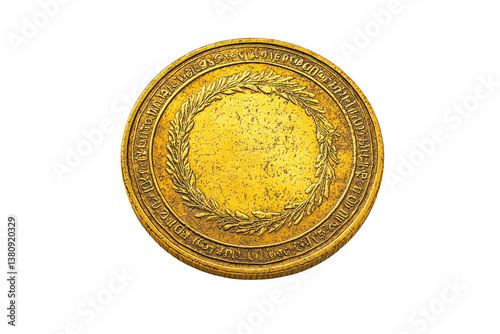 Antique gold coin with wreath, isolated transparent background, blank center for text