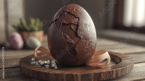 Obraz na płótnie Exquisite 3D Chocolate Easter Egg with Delicate Ribbon on Rustic Wood Tray w salonie